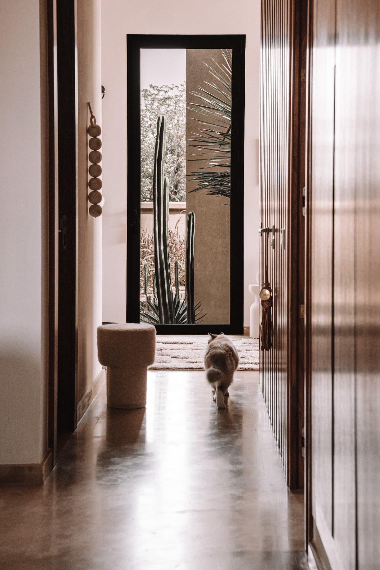 Hallway with a black-framed glass door opening onto cactus and palms, on a polished concrete floor